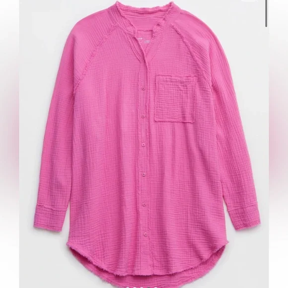 Aerie Pink Women's Gauzey Swim Cover-Up Top Size L Oversized Swim Beachy Boho - Picture 3 of 8